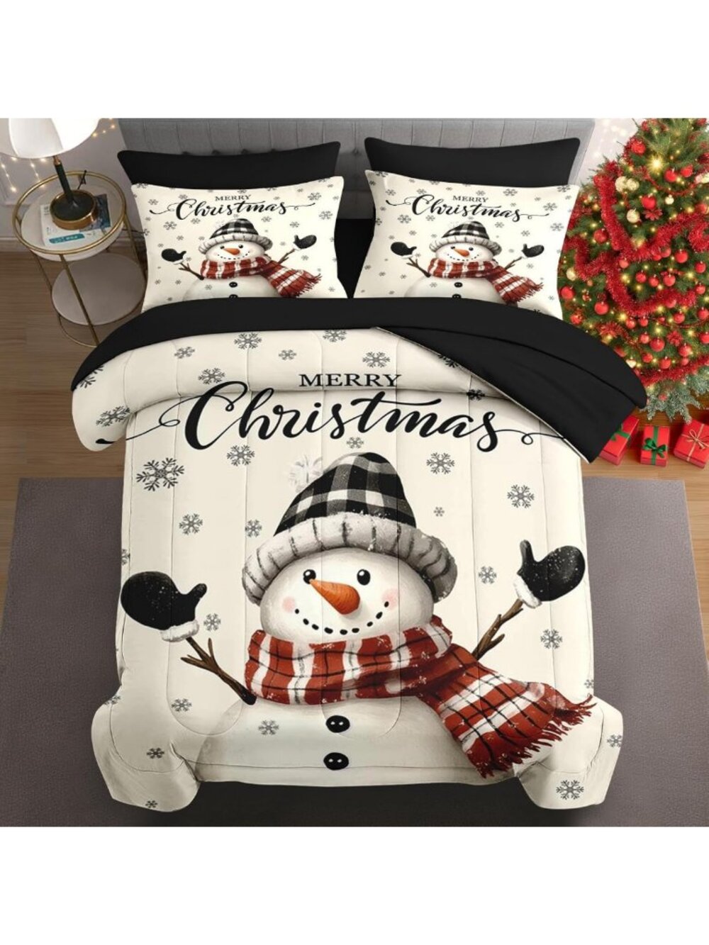 Cozy Queen Christmas Comforter Set with Sheets, 7-Piece Snowman Holiday Bedding